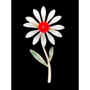 Vintage Enamel Daisy Flower Brooch Pin With Red Center & Gold-Tone Stem